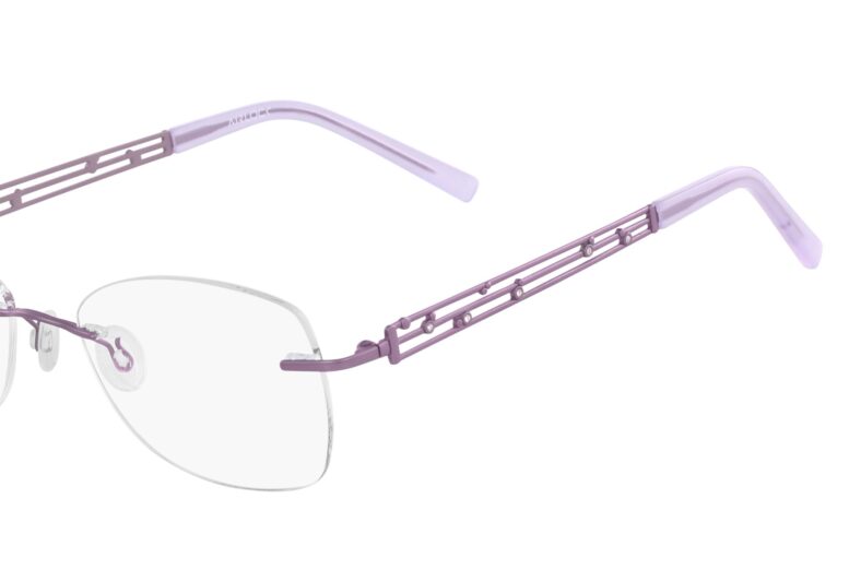 Purple rimless eyeglasses with decorative accents.