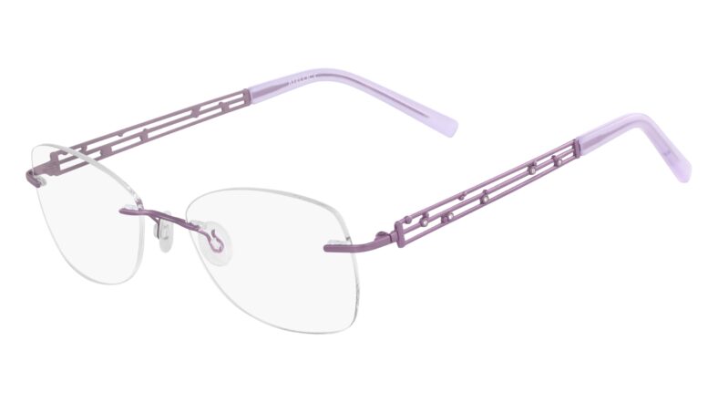 Purple rimless eyeglasses with decorative arms.