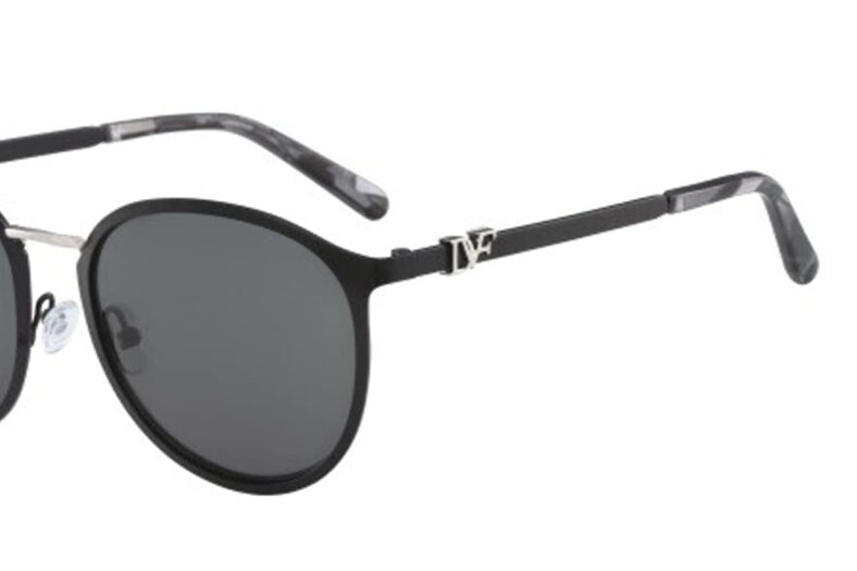 Black round sunglasses with logo detail.