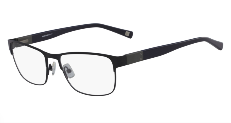 Sleek, dark-framed eyeglasses.