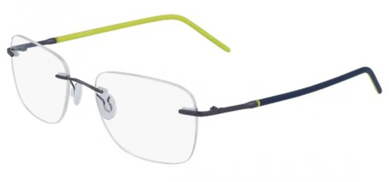 Stylish rimless eyeglasses with green accents.