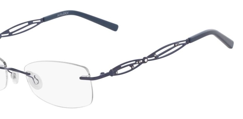 Here's an alt tag for the image: Sleek rimless eyeglasses with unique frame.