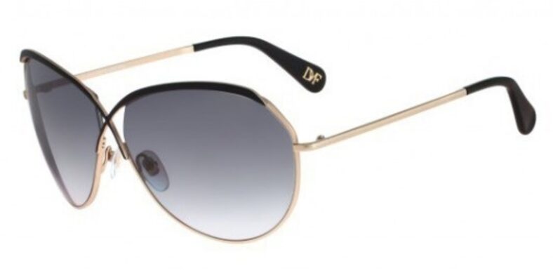 Gold-framed sunglasses with gray lenses.