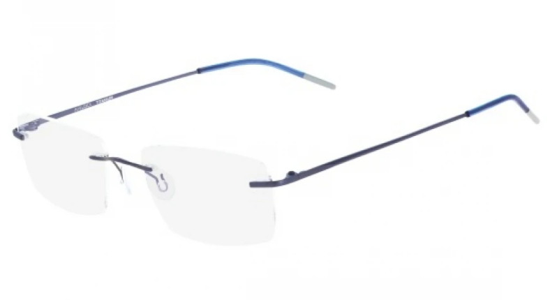 Blue and gray rimless eyeglasses.