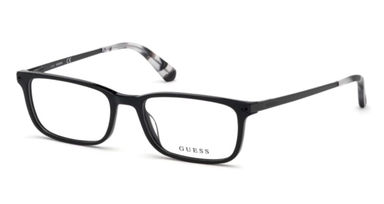 Black Guess eyeglasses with square frames.