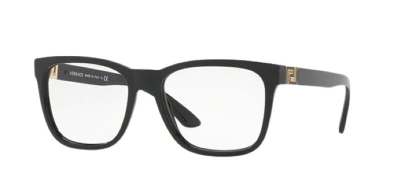 Black Versace eyeglasses with gold accents.