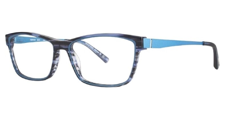 Blue and black eyeglasses frame.