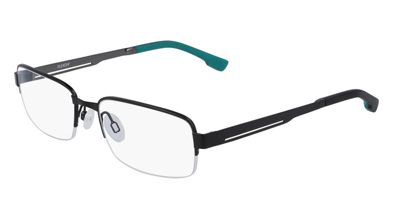 Black Flexon half-rim eyeglasses.