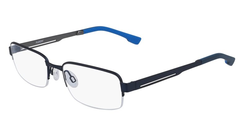 Flexon eyeglasses, dark frames, blue accents.