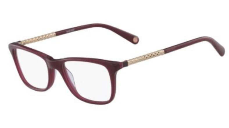 Burgundy eyeglasses with gold accents.