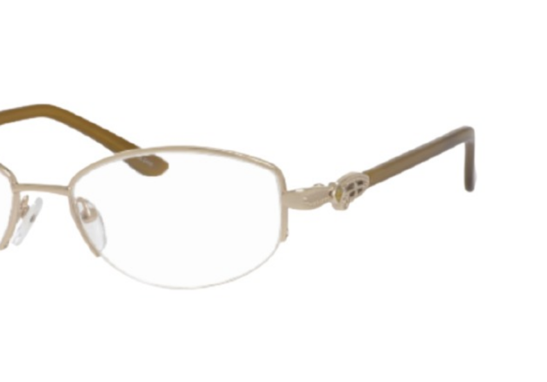 Beige oval eyeglasses with brown temples.