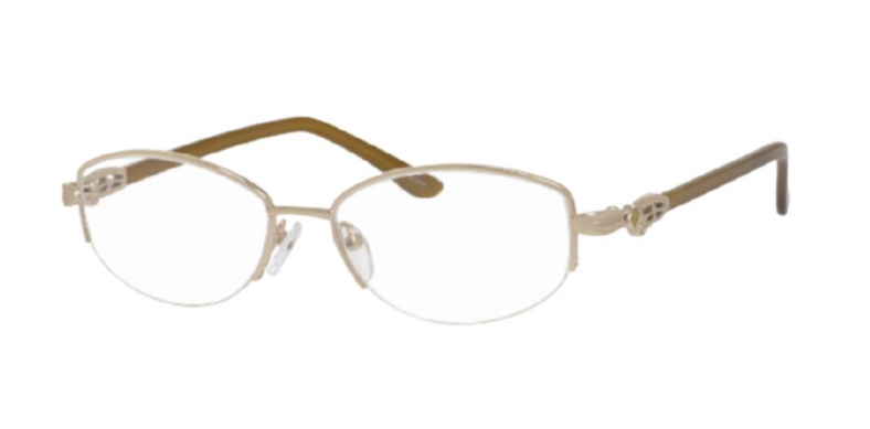 Gold and brown rimless eyeglasses.