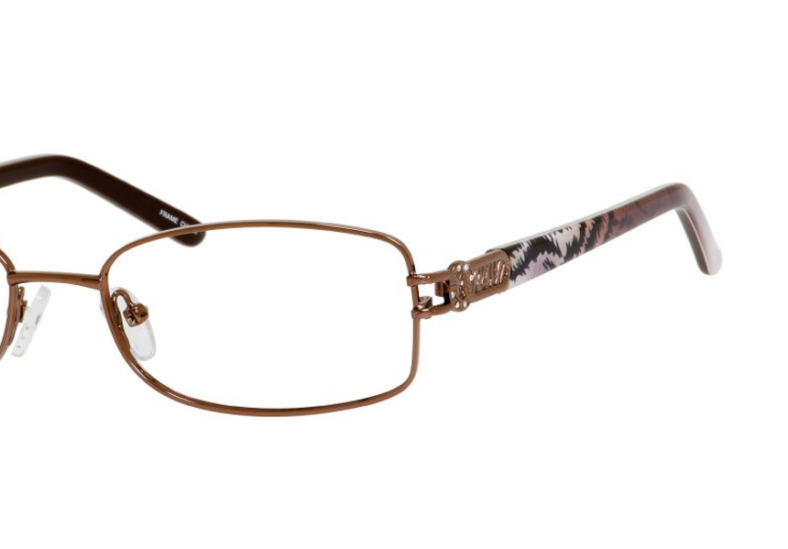 Brown metal frame eyeglasses, patterned arms.