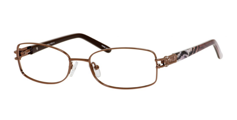 Brown metal frame eyeglasses with patterned arms.