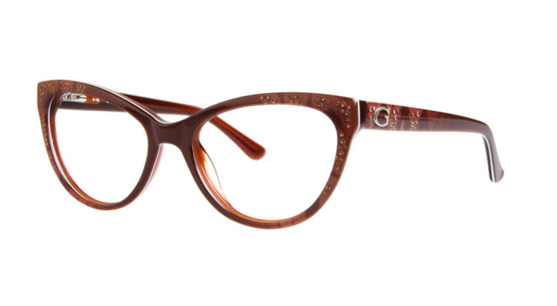 Brown cat-eye eyeglasses with G logo.