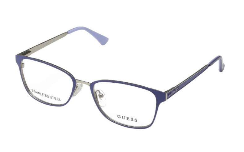 Purple Guess eyeglasses, stainless steel.