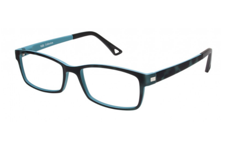 Black and teal rectangular eyeglasses.