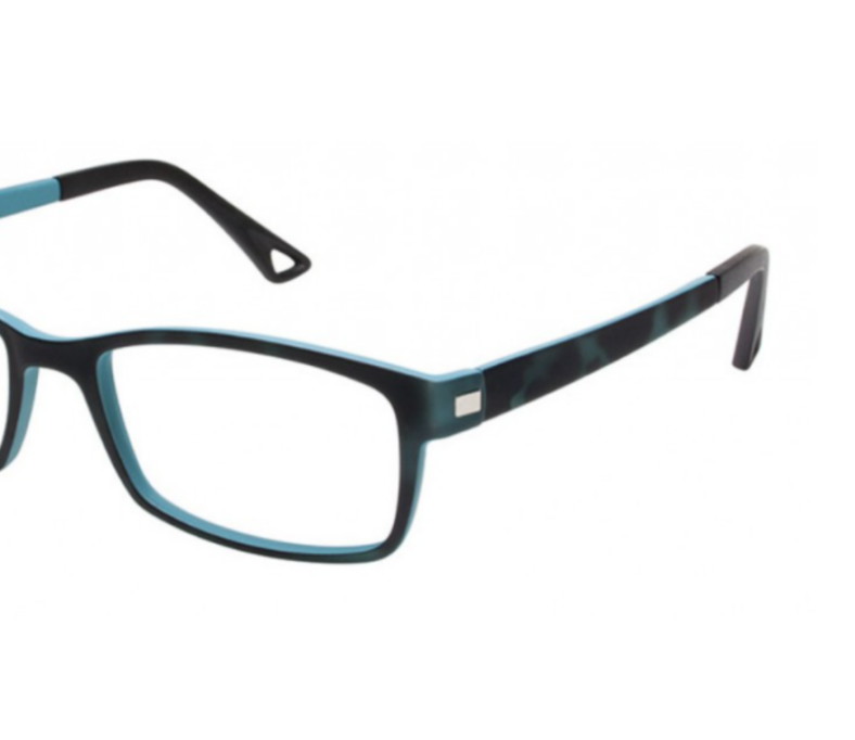 Teal and black rectangular eyeglasses.