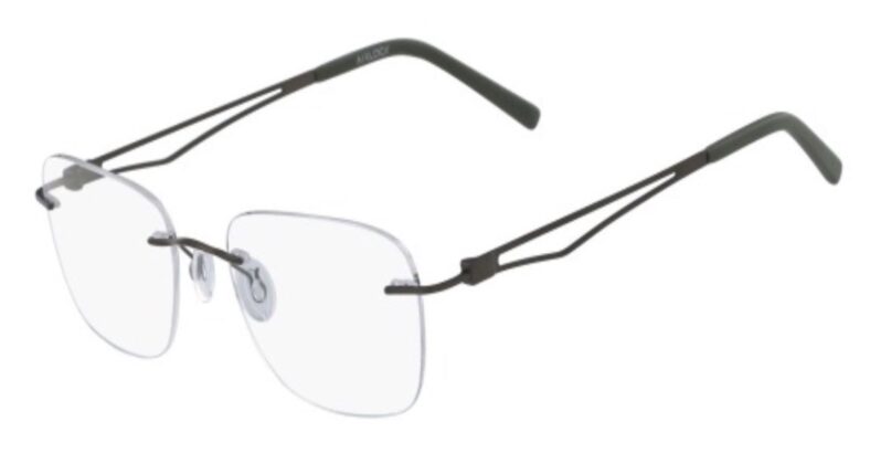 Here's an alt tag for the image: `Rimless eyeglasses with dark gray temples`