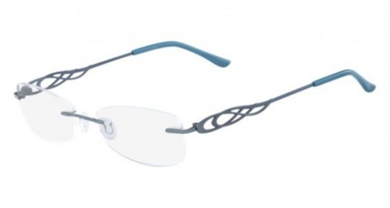 Grey rimless glasses with blue arms.