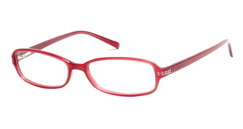 Red rectangular eyeglasses with rhinestones.