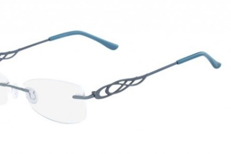 Grey rimless glasses with blue accents.