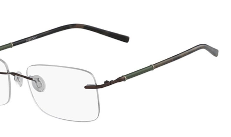 Eyeglasses with rimless frames and dark arms.