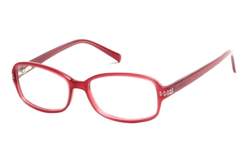 Red rectangular eyeglasses with rhinestones.