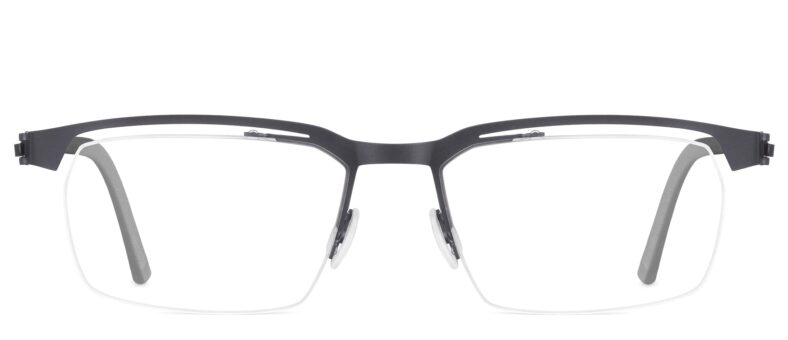 Grey rimless eyeglasses frame.