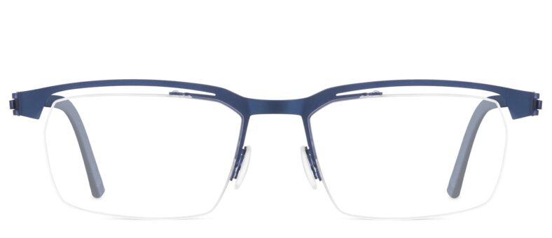 Here's an alt tag for the image: Blue rectangular eyeglasses frame.