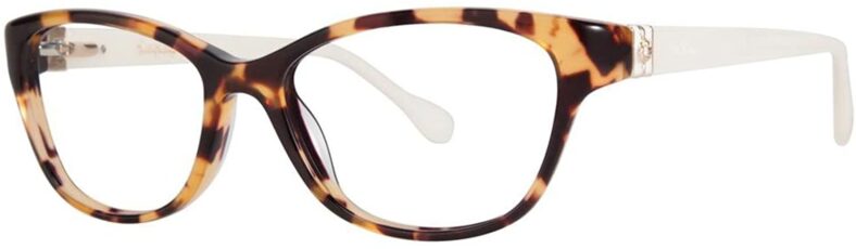 Tortoiseshell eyeglasses with clear lenses.