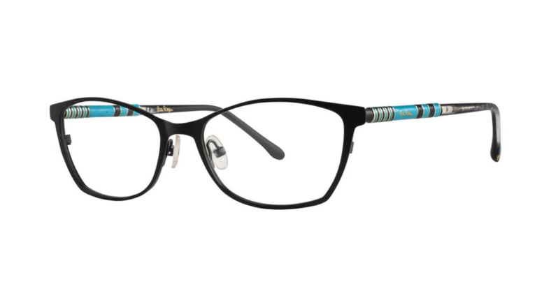 Black cat-eye eyeglasses with teal accents.