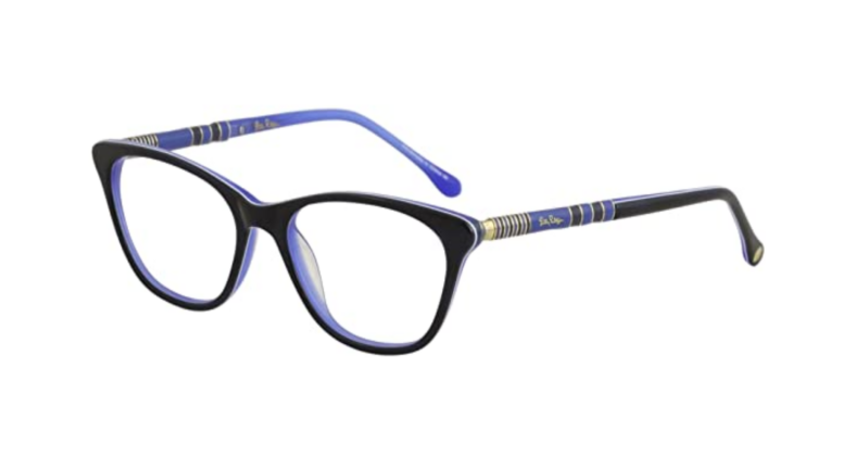 Black and blue cat-eye eyeglasses.