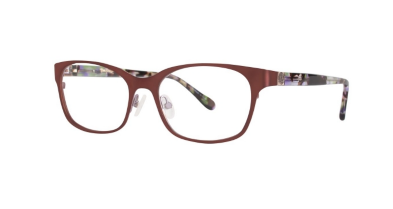 Red eyeglasses with patterned arms.