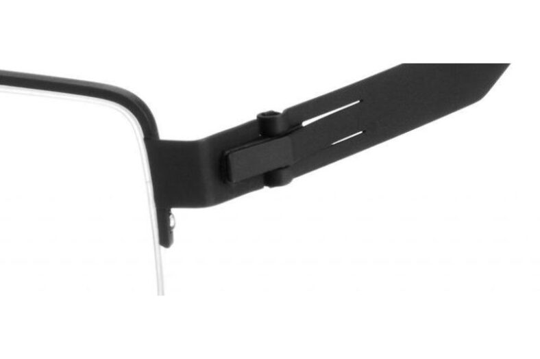 Black frame glasses hinge detail.