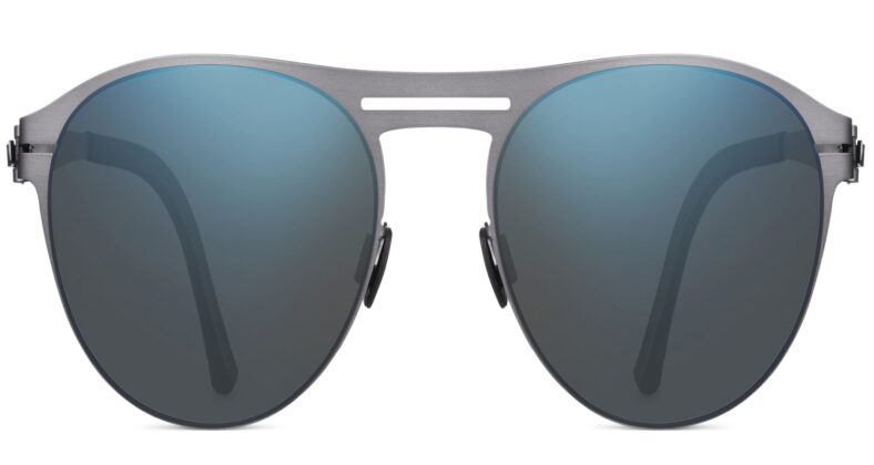 Grey metal frame sunglasses with blue lenses.