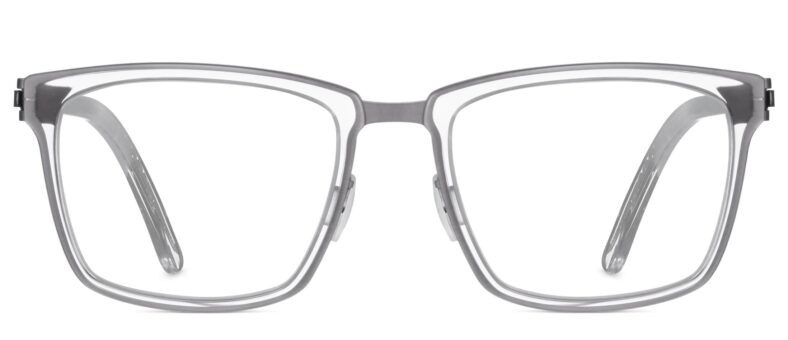 Grey square eyeglasses frame front view.