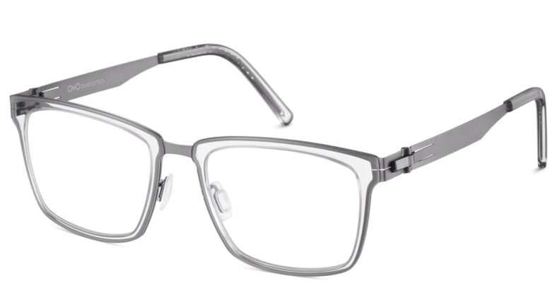 Grey eyeglasses, modern frame design.