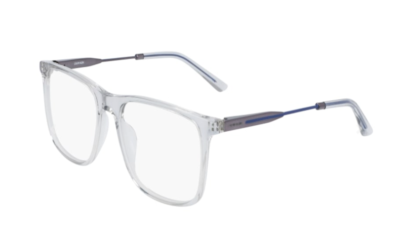 Clear frame eyeglasses with dark gray arms.