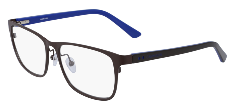 Brown Calvin Klein eyeglasses with blue accents.