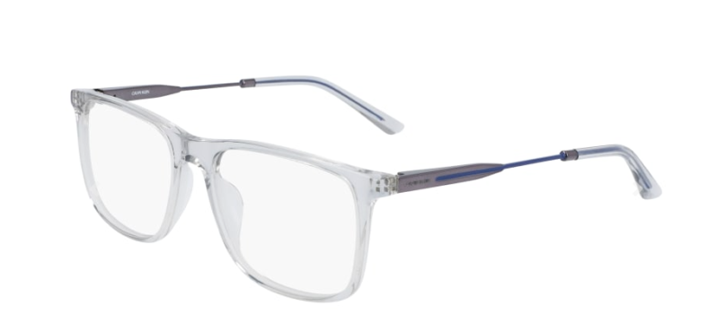 Clear frame eyeglasses with dark arms.