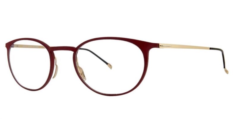 Red and gold round eyeglasses frame.