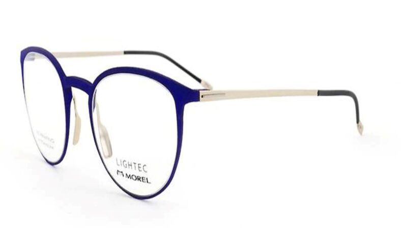 Here's an alt tag for the image: Blue and gold M Morel eyeglasses.