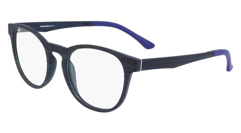 Blue round eyeglasses with dark frames.